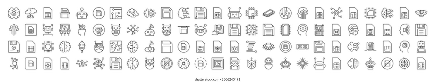 Tecnología Ilustraciones lineales simples. Contiene iconos de cerebro, chip, robot, inteligencia artificial que se puede utilizar para el diseño de tarjetas, publicaciones, App, Sitios web 