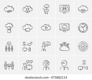 Technology sketch icon set for web, mobile and infographics. Hand drawn technology icon set. Technology vector icon set. Technology icon set isolated on white background.