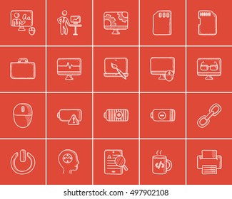 Technology sketch icon set for web, mobile and infographics. Hand drawn technology icon set. Technology vector icon set. Technology icon set isolated on red background.
