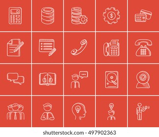 Technology sketch icon set for web, mobile and infographics. Hand drawn technology icon set. Technology vector icon set. Technology icon set isolated on red background.