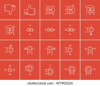 Technology sketch icon set for web, mobile and infographics. Hand drawn technology icon set. Technology vector icon set. Technology icon set isolated on red background.