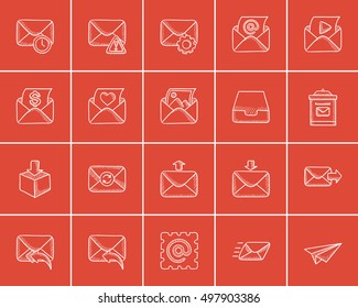 Technology sketch icon set for web, mobile and infographics. Hand drawn technology icon set. Technology vector icon set. Technology icon set isolated on red background.