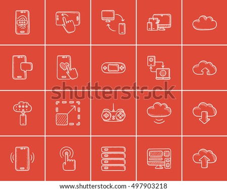 Technology sketch icon set for web, mobile and infographics. Hand drawn technology icon set. Technology vector icon set. Technology icon set isolated on red background.