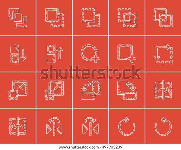 Technology sketch icon\
set for web, mobile and infographics. Hand drawn technology icon\
set. Technology vector icon set. Technology icon set isolated on\
red background.