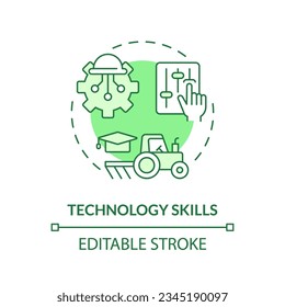 Technology skills green concept icon. Data analysis. Farm machinery. New tools. Farming equipment. Rural development. Round shape line illustration. Abstract idea. Graphic design. Easy to use