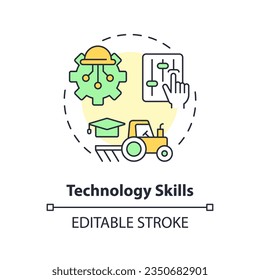 Technology skills multi color concept icon. Data analysis. Farm machinery. New tools. Farming equipment. Rural development. Round shape line illustration. Abstract idea. Graphic design. Easy to use