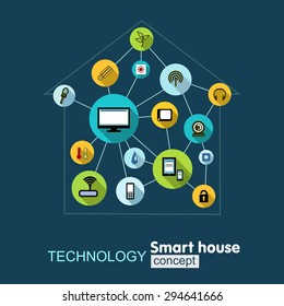 Technologiezentrum Wachstumshintergrund mit Linien, Kreisen, integrieren Sie flache Symbole. Management , Steuerung und angeschlossene Symbole für Sicherheit, Klima, Medien und Kommunikation. Vektorillustration 