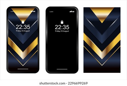 fondo de pantalla de un teléfono inteligente tecnológico, moderno, futurista. con tres modelos diferentes de variación vertical adecuados para el tema del juego azul dinámico y oro aislados en el fondo