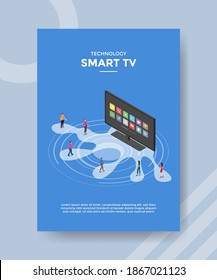 technology smart tv people standing front television for template flyer and print banner cover isometric 3d flat style