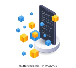 Technology smartphone blockchain management flat isometric illustration