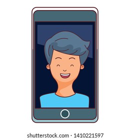 technology smartphone with character young man cartoon  vector illustration graphic design