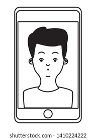 technology smartphone with character young man cartoon vector illustration graphic design
