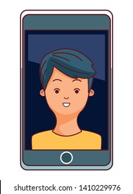 technology smartphone with character young man cartoon vector illustration graphic design