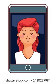 technology smartphone with character young redhead woman cartoon vector illustration graphic design
