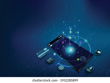 Technology with Smartphone digital logo.Abstract cyber security and fingerprints blue light.Mobile app,innovation,digital technology, program developers.Vector modern technology and Internet things.