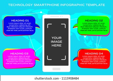 Technology smartphone infographic template with geometric world map and network line colorful vector illustration