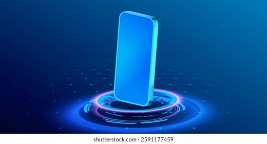 technology smartphone, neon lighting podium, wireframe blue vector background