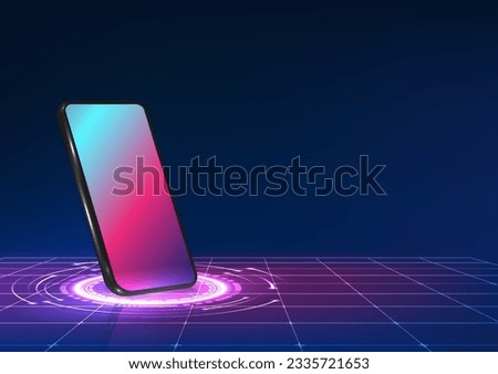 Technology smartphone set on technology circle with grid Vector technology illustration. with a fascinating combination of blue, red, purple A mobile concept that brings you into blockchain technology