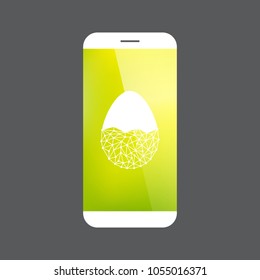 Technology smartphone vector illustration with futuristic egg design and shiny green background screen. Food or easter theme vector illustration with modern and minimal egg icon.