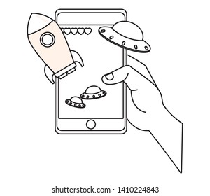 technology smartphone video game mode play spaceship entertainment cartoon vector illustration graphic design