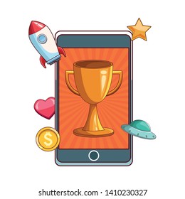technology smartphone video game mode play spaceship entertainment cartoon vector illustration graphic design