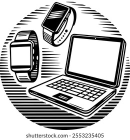 Tecnologia - smartwatch, notebook, estilo preto e branco