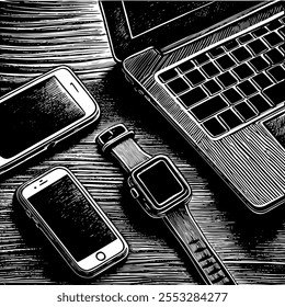 Technology - Smartwatch, Laptop, Smartphone, Black and White Style