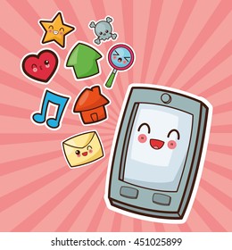 Technology and social media concept represented by kawaii smartphone icon. Colorfull and flat illustration.