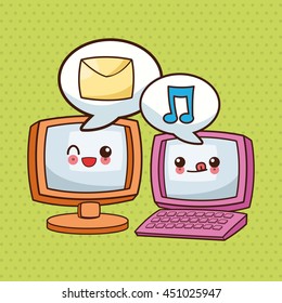 Technology and social media concept represented by kawaii computer and laptop icon. Colorfull and flat illustration.