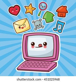 Technology and social media concept represented by kawaii laptop icon. Colorfull and flat illustration.