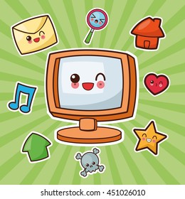 Technology and social media concept represented by kawaii computer icon. Colorful and flat illustration.