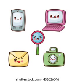 Technology and social media concept represented by kawaii cartoon icon set. Colorful and flat illustration.