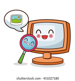 Technology and social media concept represented by kawaii computer and lupe icon. Colorful and flat illustration.