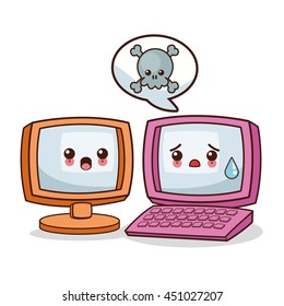 Technology and social media concept represented by kawaii computer and laptop icon. Colorfull and flat illustration.