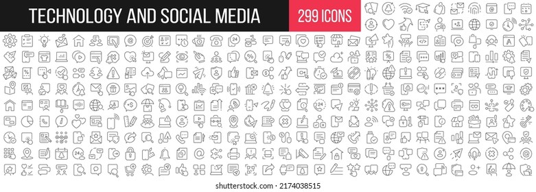 Colección de iconos lineales de tecnología y medios sociales. Gran conjunto de 299 íconos de línea delgada en negro. Ilustración del vector