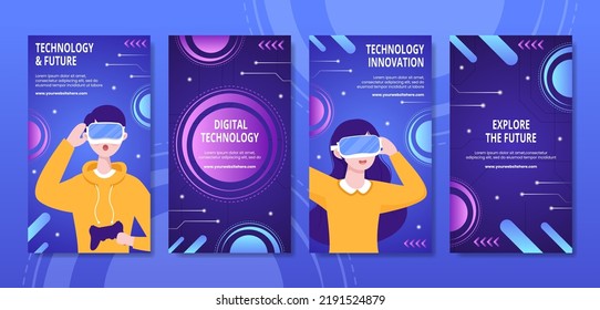 Technology Social Media Stories Template Hand Drawn Cartoon Flat Illustration