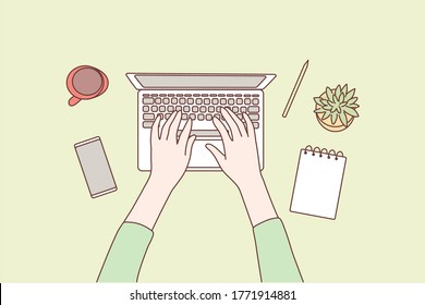 Technology, social media, work, business concept. Human character hands using laptop in office for work or social network communication or watching videos. Digital technological devices in daily life.