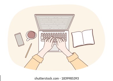 Technology, social media, work, business concept. Human programmer character hands using laptop in office workplace for coding or network communication. Digital technological gadgets in daily life.