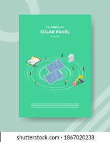 tecnología paneles solares personas de pie alrededor de la gráfica de dinero el portapapeles el panel eléctrico para el volante de plantillas y la cubierta del banner de impresión estilo 3d plano isométrico