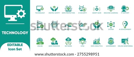 Technology Solid Icon Set. computing, database, editable, learning, network, graphic, innovation, illustration, and solid icons.