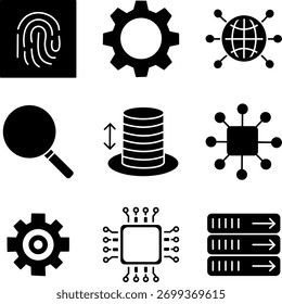 Technology solid icons for computing, data, and digital security.