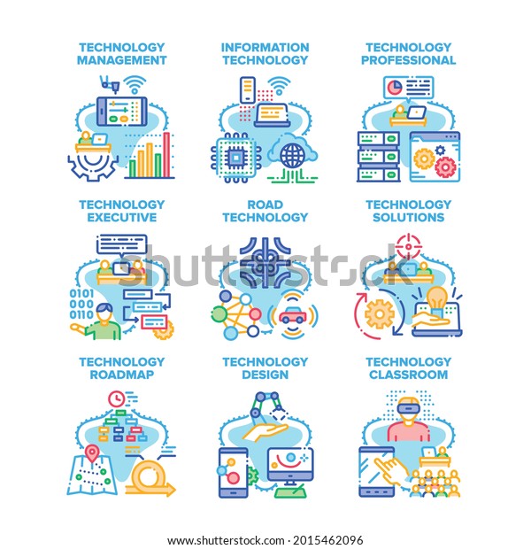 Technology Solution Set Icons Vector\
Illustrations. Technology Solution And Professional Management,\
Classroom Information And Road System, Design And Roadmap. Tech\
Innovation Color\
Illustrations