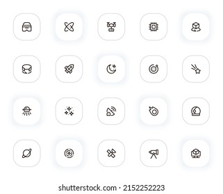 Symbole für Technologie und Weltraum-Linien. Wissenschaft, Rakete, Drohne, Mikroschaltung, Stern und andere Schaltflächen. Vektorgrafik-Piktogramme für Web und i, ux mobile App Design. Bearbeitbarer Stroke. 24x24 Pixel perfekt.