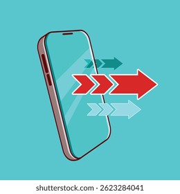 Ilustración del concepto de velocidad de Tecnología con el teléfono inteligente y las flechas de dirección audaces