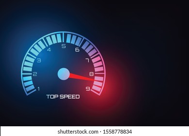 Technology speedometer  isolated on black background. Gas tank gauge. Oil level bar. Vector illustration flat design. Concept of maximum speed and power