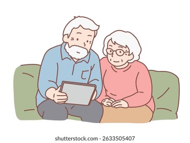 Technology spread, oldster education, active social life, online communication, senior couple with tablet together. Hand drawn style vector design illustrations.