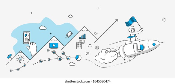 Technology startup company milestones infographics. Businessman flying on the rocket. Modern illustration in linear style.