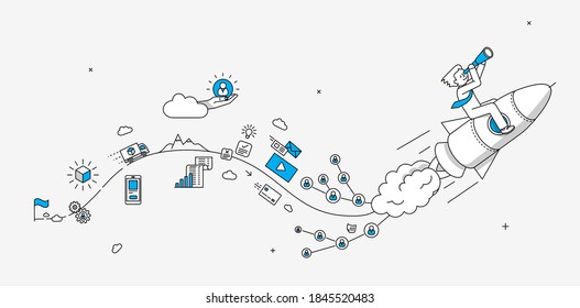 infografía de la empresa de inicio de tecnología de hitos. Empresario mirando al futuro. Ilustración moderna de estilo lineal.