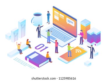 Technology Startup Isometric Composition Background With People and Digital Related Asset Illustration
