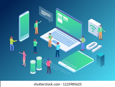 Technology Startup Isometric Composition Background With People and Digital Related Asset Illustration